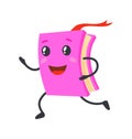 Kawaii pink book. Running with red bookmark, cute textbook character, fun learning, cartoon icon vector illustration