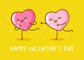 Kawaii pink heart emoji running away from love on yellow background Vector characters for Valentines day cute design