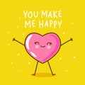 Kawaii pink heart emoji on yellow background Vector character for Valentines day cute lovely design