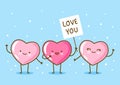 Kawaii pink hearts on blue background Vector characters for Valentines day cute greeting card design