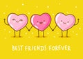 Kawaii pink hearts holding hands on yellow background Vector characters for Valentines day cute greeting card design