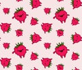 Kawaii raspberry seamless pattern fun cartoon vector illustration, cute summer berry smiling for poster, banner, icon