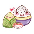 Kawaii rice sushi and wrapped food japanese cartoon, sushi and rolls Royalty Free Stock Photo