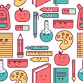 Kawaii school seamless pattern with cute education supplies. Royalty Free Stock Photo