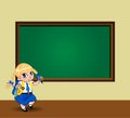 Kawaii schoolgirl with braids standing near chalkboard with copy space in classroom.