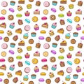 Kawaii seamless backgroundon a white background of sweet and dessert doodle, cake, sweet donat, cookies and macaron Royalty Free Stock Photo