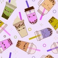 Kawaii seamless pattern with boba bubble milk tea on violet background. A popular Taiwanese drink with tapioca pearls Royalty Free Stock Photo