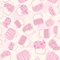 Kawaii seamless pattern with pink marshmallows and colorful sprinkles. Repeat background with sweets and desserts for kids