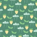 Kawaii seamless pattern with strawberries, clouds and thunderstorm, leaves on a green background, vector illustration for printin