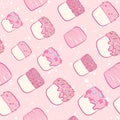 Kawaii seamless pattern with white marshmallows, pink frosting and colorful sprinkles. All over print and repeat background