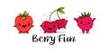 Kawaii set of Strawberry, raspberry and cherry fun cartoon vector illustration, cute summer berry smiling for logo