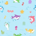 Kawaii Shark Seamless Pattern. Cute Funny Fish Nautical Background with Sea Creatures and Marine Life for Wallpaper