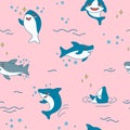 Kawaii Shark Seamless Pattern. Cute Funny Sharks Nautical Background with Sea Creatures and Marine Life for Wallpaper