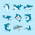 Kawaii Sharks Collection. Funny Cute Fish Cartoon Character Set for Nursery Kid Design, Decoration. Marine Creatures Royalty Free Stock Photo