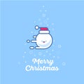 Kawaii Snowballs and snowflakes. New year post card. Snowball is flying on a blue background.