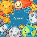 Kawaii space background. Doodles with pretty facial expression. Illustration of cartoon sun, earth, moon, rocket Royalty Free Stock Photo