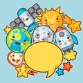 Kawaii space background. Doodles with pretty facial expression. Illustration of cartoon sun, earth, moon, rocket Royalty Free Stock Photo