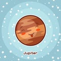 Kawaii space card. Doodle with pretty facial expression. Illustration of cartoon jupiter in starry sky