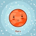 Kawaii space card. Doodle with pretty facial expression. Illustration of cartoon mars in starry sky