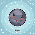 Kawaii space card. Doodle with pretty facial expression. Illustration of cartoon pluto in starry sky