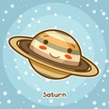 Kawaii space card. Doodle with pretty facial expression. Illustration of cartoon saturn in starry sky