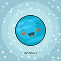 Kawaii space card. Doodle with pretty facial expression. Illustration of cartoon uranus in starry sky