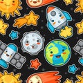 Kawaii space seamless pattern. Doodles with pretty facial expression. Illustration of cartoon sun, earth, moon, rocket