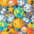 Kawaii space seamless pattern. Doodles with pretty facial expression. Illustration of cartoon sun, earth, moon, rocket