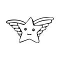 Kawaii star vector. Cute cartoon star with wings and smile. Cute star illustration for kids. Design children, stickers. Black and