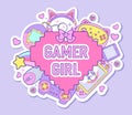 Kawaii sticker for Gamer Girl. Game cute elements set vector illustration