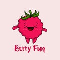 Kawaii Strawberry cartoon with Text Berry Fun vector illustration, cute summer berry smiling for logo, poster, icon