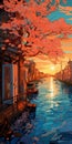 Kawaii Street Art Style Spring Sunset Painting Over River By Bridge