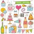 Kawaii style birthday doodle isolated on white background