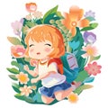 Kawaii style litter girl cute doodles in the flower garden
