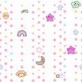 Kawaii style Seamless Pattern Background with cute clouds, stars, rainbow and moon. Royalty Free Stock Photo