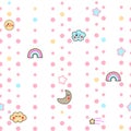 Kawaii style Seamless Pattern Background with cute clouds, stars, rainbow and moon. Royalty Free Stock Photo