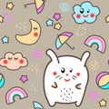 Kawaii style Seamless Pattern Background with cute clouds, stars, rainbow and moon.