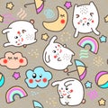 Kawaii style Seamless Pattern Background with cute clouds, stars, rainbow and moon. Royalty Free Stock Photo