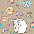 Kawaii style Seamless Pattern Background with cute clouds, stars, rainbow and moon. Royalty Free Stock Photo