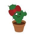 Kawaii style smiling cactus girl with a bow in the pot, vector Royalty Free Stock Photo
