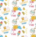 Kawaii summer themed doodle seamless pattern