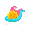 Kawaii Sun Character Floating on Inflatable Unicorn Mattress. Cute Cartoon Personage Summer Relax