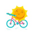 Kawaii Sun Personage Riding Bicycle Isolated on White Background. Cute Cartoon Summer Character Summertime