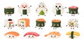 Kawaii sushi. Japanese rice food with cute manga style faces. Happy mascots of Asian dish with fish, seafood and sauces