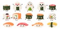 Kawaii sushi. Japanese rice food with cute manga style faces. Happy mascots of Asian dish with fish, seafood and sauces. Sashimi