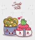 Kawaii sushi salmon wasabi and salad food japanese cartoon, sushi and rolls Royalty Free Stock Photo