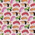 Kawaii sushi seamless pattern, hand drawn background with