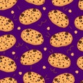 Kawaii sweet cookies cats seamless pattern, cute cartoon funny characters on dark purple background Royalty Free Stock Photo