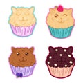 Kawaii sweet muffins cats set, cute cartoon funny characters with raspberry, blueberry, cream and chocolate Royalty Free Stock Photo