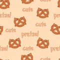 Kawaii sweet pretzel cat with sesame seamless pattern, cute cartoon funny characters, editable vector illustration for fabric